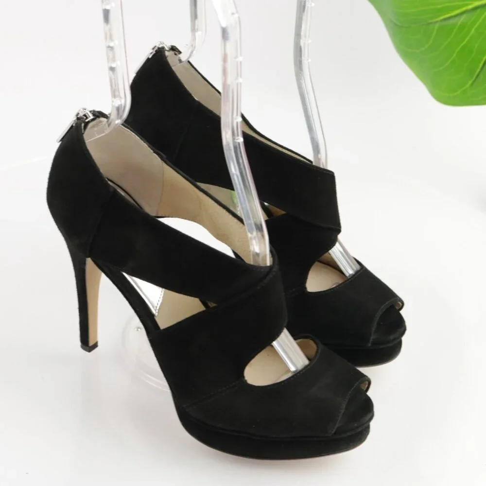 Michael Kors Women Elena Sandal Size 7.5 Black Suede Platform Heel Peep Toe Shoe
